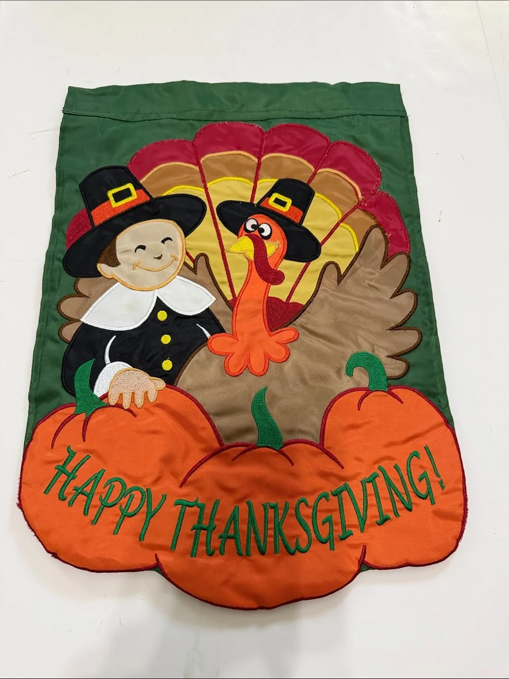 Happy Thanksgiving Garden Flag - Green Background with Orange Pumpkins